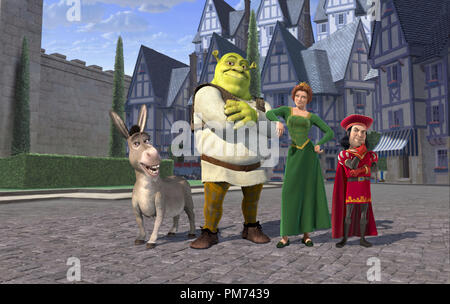 Film Still / Werbung immer noch von "Shrek" Shrek, Esel, Prinzessin Fiona, Lord Farquaad von Duloc © 2001 DreamWorks Datei Referenz # 30847365 THA nur für redaktionelle Verwendung - Alle Rechte vorbehalten Stockfoto