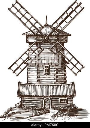 Windmühle, Holz- alte Mühle Skizze. Vintage Vector Illustration Stock Vektor