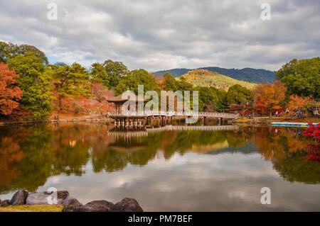 Malerische Aussicht von Nara öffentlichen Park im Herbst, mit Teich und alten Pavillon, in Japan Stockfoto