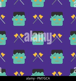 Halloween nahtlose Muster mit Ghost und ax auf lila Hintergrund. Design für Hintergrund, Tapeten oder Geschenkpapier. Vector Illustration. Stock Vektor