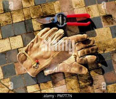 Baum-, Reb- und Gartenscheren sowie Leder Arbeitshandschuhe für den Garten verwendet. Stockfoto