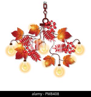 Elektrische Kronleuchter mit verzierten Rahmen der Zweige mit Herbst rowan Blätter und Beeren. Element der Innenarchitektur auf Thema Der goldene Herbst auf weißem Hintergrund. Vektor cartoon Close-up. Stock Vektor