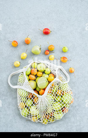 Bunte Äpfel aus dem Garten in einer Baumwolle Mesh bag, auf konkreten Hintergrund. Stockfoto