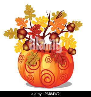 Handgefertigte herbst Einrichtung der Zweige der Eiche mit vergilbten Blätter und Eicheln in natürlichen Vase an reife Kürbisse mit Muster, die in der Form von Spiralen auf weißem Hintergrund. Vektor cartoon Close-up. Stock Vektor