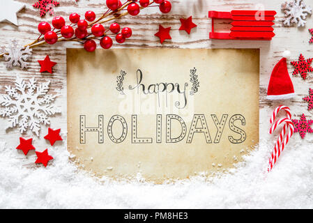 Papier mit schönen Kalligraphie englische Text frohe Feiertage. Weiße Weihnachten Flach mit Schnee. Rote Dekoration wie Santa Hut, Schlitten, Schneeflocken und Stockfoto