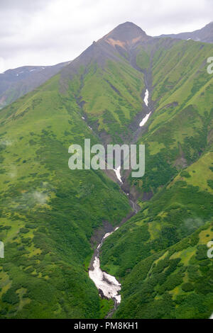 Üppig grüne Landschaft und Gletschern eine Luftaufnahme des Wrangell St. Elias National Park in Alaska Stockfoto