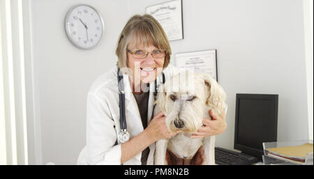 Portrait von Happy weiblich Tierarzt und niedlichen Hund Stockfoto