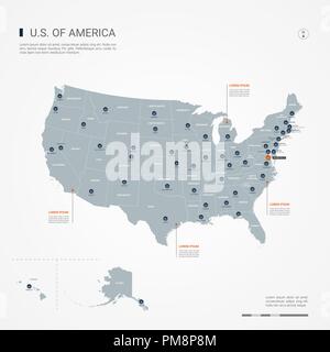 Vereinigte Staaten von Amerika USA-Karte mit Grenzen, Städte-, Kapital- und administrativen Abteilungen. Infografik Vektorkarte. Bearbeitbare Layer deutlich gekennzeichnet. Stock Vektor