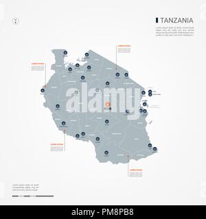 Tansania Karte mit Grenzen, Städte-, Kapital- und administrativen Abteilungen. Infografik Vektorkarte. Bearbeitbare Layer deutlich gekennzeichnet. Stock Vektor