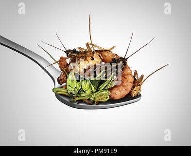 Essen Käfer und Insekten als exotische Küche und alternative proteinreiche Ernährung Essen als cricket Heuschrecke und Larve Insekt in einem Löffel. Stockfoto