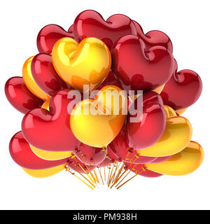 Luftballons Bündel rote herzförmige Gelb. Geburtstag, Hochzeit, Flitterwochen, Hochzeit Dekoration. Liebe, Valentinstag party romantische Feier Symbol. 3d Stockfoto