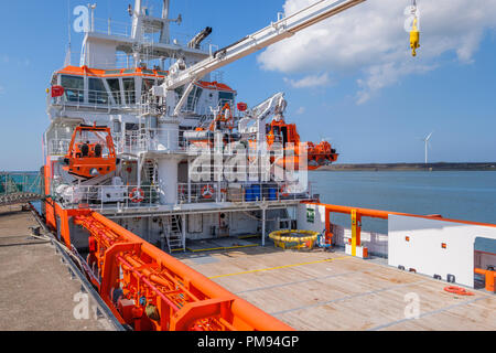 Orange EU-Schiff für Fischereierzeugnisse Inspektion im Hafen von IJmuiden, Niederlande gefärbt. Stockfoto