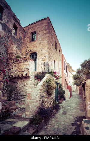 Die mittelalterliche "castletown' von Monemvasia, oft als "Die griechischen Gibraltar", Lakonien, Peloponnes, Griechenland Stockfoto