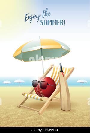 Genießen Sie den Sommer! Sport Karte. Cricket Ball mit Sonnenbrille, Sonnenschirm, Liegestuhl und hölzerne Fledermaus auf dem Sandstrand. Vector Illustration. Stock Vektor