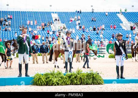 Tryon, USA. 17.September 2018. Medaillengewinner, Goldmedaillengewinner. einzelne Meisterschaft. Rosalind Canter. Padraig McCarthy. Silber MedalIRL. . Ingrid Klimke. Bronze. GER. Dressurreiten Springreiten Tag 6. World Equestrian Games. WEG 2018 Tryon. North Carolina. USA. 17.09.2018. Credit: Sport in Bildern/Alamy leben Nachrichten Stockfoto