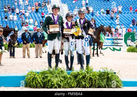 Tryon, USA. 17.September 2018. Medaillengewinner, Goldmedaillengewinner. einzelne Meisterschaft. Rosalind Canter. Padraig McCarthy. Silber MedalIRL. . Ingrid Klimke. Bronze. GER. Dressurreiten Springreiten Tag 6. World Equestrian Games. WEG 2018 Tryon. North Carolina. USA. 17.09.2018. Credit: Sport in Bildern/Alamy leben Nachrichten Stockfoto