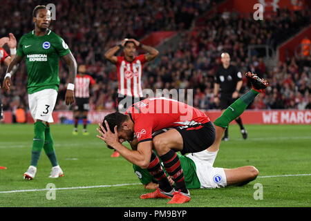 Southampton, Großbritannien. 17.September 2018. Wesley Hoedt von Southampton reagiert, nachdem er eine Chance - Southampton v Brighton & Hove Albion, Premier League, die St. Mary's Stadium, Southampton - 17. September 2018 uding aufgeführten Credit: Richard Calver/Alamy Live News Credit: Richard Calver/Alamy leben Nachrichten Stockfoto