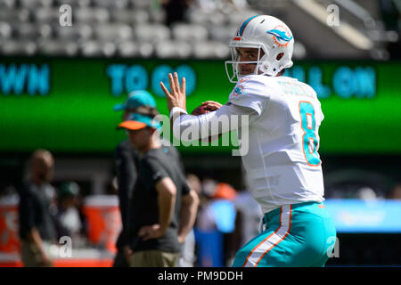 East Rutherford, NJ, USA. 16 Sep, 2018. Miami Dolphins quarterback Brock Osweiler (8) nach dem Aufwärmen vor dem Spiel zwischen den New York Jets und die Miami Dolphins an Met Life Stadion in East Rutherford, NJ. Obligatorische Credit: Kostas Lymperopoulos/CSM/Alamy leben Nachrichten Stockfoto