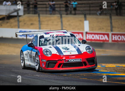 Sonoma, Ca, USA. 16 Sep, 2018. A: #7 Maxwell Root Aus schalten 9 S-Kurve während der GoPro Grand Prix von Sonoma Porsche GT 3 Rennen 2 an der Sonoma Raceway Sonoma, Ca Thurman James/CSM/Alamy leben Nachrichten Stockfoto