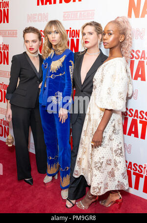 New York, NY - 17. September 2018: Odessa Junge, Suki Waterhouse, Hari Nef, Abra besuchen Premiere der Ermordung Nation bei Metrograph Stockfoto
