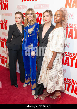 New York, NY - 17. September 2018: Odessa Junge, Suki Waterhouse, Hari Nef, Abra besuchen Premiere der Ermordung Nation bei Metrograph Stockfoto