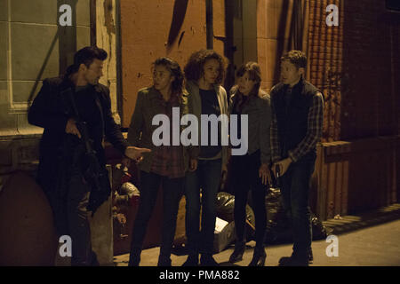 (L und R) Löwe (FRANK GRILLO), Cali (ZOE SEELE), Eva (CARMEN EJOGO), Liz (KIELE SANCHEZ) und Shane (Zach Gilford) in "Der Purge: Anarchie" Stockfoto