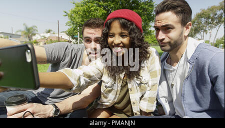 Multiethnische Gruppe junger hipster Freunde unter selfie im Park Stockfoto