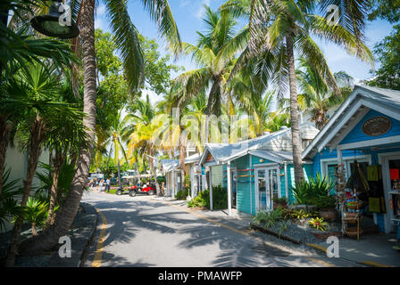 KEY WEST, USA - ca. September 2018: Malerische palm und Shack gesäumt Waterfront street Stockfoto