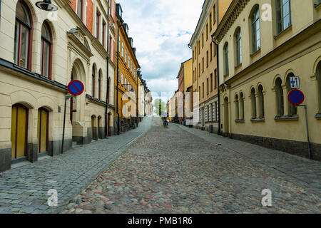 Die bunten Gebäude in den Seitenstraßen von Stockholm, Schweden Stockfoto