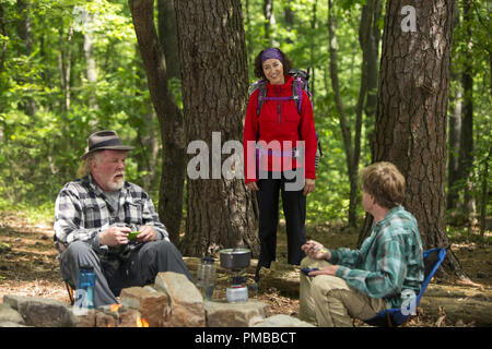 (L und R) Nick Nolte Stars wie Stephen Katz, Kristen Schaal als Mary Ellen und Robert Redford als Bill Bryson camping entlang der Appalachian Trail in breiten, grünen Bilder bevorstehende Veröffentlichung, EINEN SPAZIERGANG IM WALD. Stockfoto