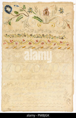 Sampler. Datum/Zeit: 18. Sampler. Medium: Stickereien, Seide und Leinen Leinen Stiftung. Technik: Satin, Stammzellen und split Stiche mit drawnwork auf in Leinwandbindung. Autor: Unbekannt. Stockfoto