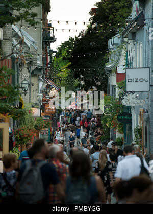 Sommerabend auf der Rue du Petit-Champlain in der Altstadt von Québec City, Kanada. Rue du Petit-Champlain gesäumt von Geschäften und Restaurants. Stockfoto