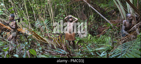 Die Papuaner des Stammes Korowai im Dschungel. Menschen der nomadischen Wald Stamm Korowai Verarbeitung der sago Palmen Stockfoto