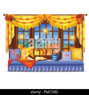 Gemütliche Einrichtung home Fenster. Abendlicher Blick aus dem Fenster einer Reife Kürbis, Fichtenwald. Das Lesen von Büchern zu Hause. Weiche Kissen auf dem Fensterbrett und Lieblingsbücher. Vektor cartoon Close-up Abbildung: Stock Vektor