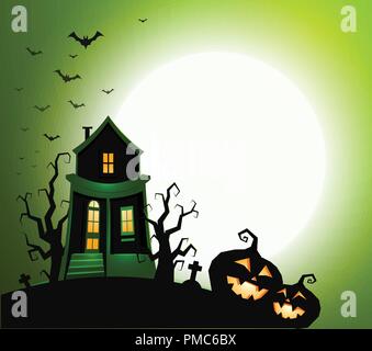 Halloween Holiday Banner, Night Party Einladung, Vector Illustration. Haus mit Geist, scary pumpkin Silhouette, schwarz trockene Bäume, große weiße Mond mit Herde von Fledermäusen auf Hintergrund. Stock Vektor