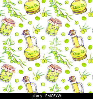 Die ökologische Landwirtschaft Produkte: Ölzweige, Olivenöl Flasche mit Inschrift und Glas hausgemachte eingelegte Oliven, nahtlose Muster, handbemalt Stockfoto