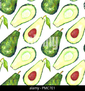 Grüne Avocado in Scheiben geschnittene Früchte mit Steinen, nahtlose Muster, Handgemalten Aquarell Abbildung Stockfoto