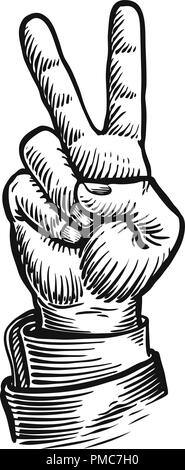 Hand Geste der Sieg und Frieden. Erfolg Symbol. Vintage Vektor-illustration Skizze Stock Vektor