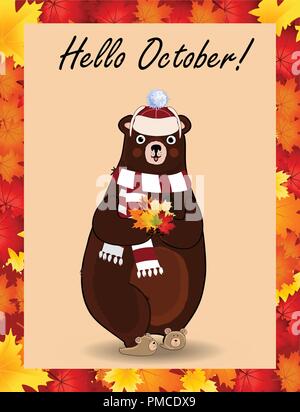Hallo Oktober Typografie design Karte. Vektor Zeichentrickfigur Abbildung von niedlichen Bären in weißen gestrickten Schal und Hut holding Ahornblätter bouquet i Stock Vektor