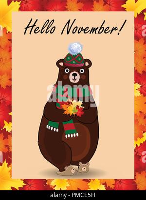 Hallo november Typografie design Karte. Vektor Zeichentrickfigur Abbildung von niedlichen Bären in Grün gestrickt, Schal und Hut holding Ahornblätter Blumenstrauß Stock Vektor