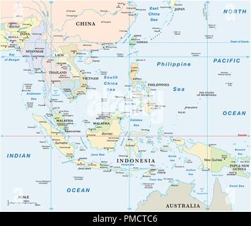 Südostasien Vektor Karte mit Koordinaten und Maßstab. Stock Vektor