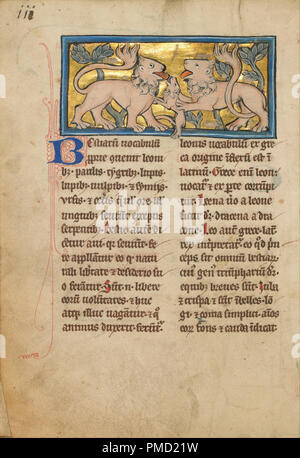 Zwei Löwen beleben Ihre toten Jungen. Datum/Zeitraum: Viertes Quartal des 13. Jahrhunderts (nach 1277). Folio. Tempera Farben, Feder und Tinte, Blattgold und Gold Farbe auf Pergament. Höhe: 233 mm (9.17 in); Breite: 164 mm (6.45 in). Autor: Unbekannt. Stockfoto