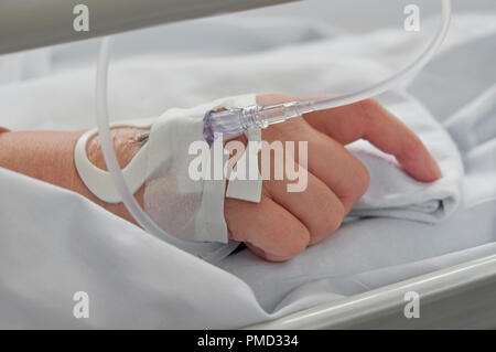 Intravenöse Tropf bei älteren weiblichen Patienten Handgelenk, norfolk, england Stockfoto