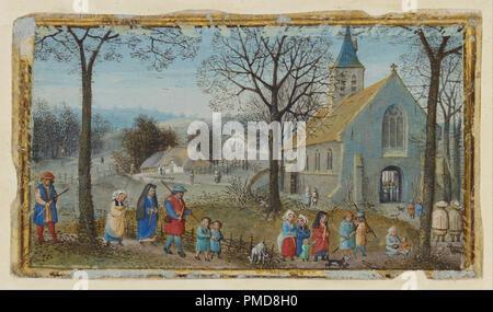 Die Dorfbewohner auf dem Weg zur Kirche. Datum/Zeit: Ca. 1550. Freistehende Blatt. Tempera Farben und Gold Farbe auf Pergament. Höhe: 56 mm (2.20 in); Breite: 96 mm (3.77 in). Autor: Simon Bening. Stockfoto