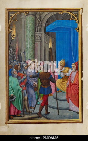 Christus vor Kaiphas. Datum/Zeit: Ca. 1525 - 1530. Folio. Tempera Farben, Gold Farbe, und Blattgold auf Pergament. Höhe: 168 mm (6.61 in); Breite: 114 mm (4.48 in). Autor: Simon Bening. Stockfoto