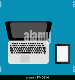 Notebook und Tablet-PC auf einem farbigen Hintergrund Stock Vektor