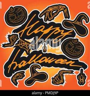Die Beschriftung von Happy Halloween. Cartoon Hintergrund. Kürbis, Spinne, Spinnennetz, Hexenhut und Knochen der Hand. Hand zeichnen. Festliche Charakter. Stock Vektor
