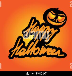 Beschriftung von Happy Halloween-Schriftzug. Cartoon Hintergrund. Kürbis Jack-o'-Lantern und stilisierte Inschrift. Titel der Aufforderung. Stock Vektor
