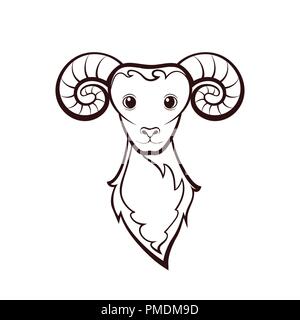 Kopf eines Schafes. Zeichnung auf einem weißen Hintergrund. Vector Illustration. Tiere wildlife Design. Stock Vektor