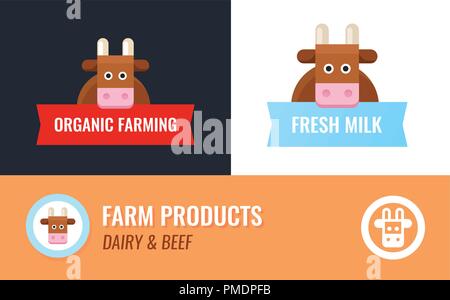 Etikett für Kuh Bauernhof. Cartoon Kuh Maskottchen mit Bildunterschriften auf unterschiedlichen Hintergrund-Logo für Bauernhof mit Natur Produkt, Milch und Rindfleisch Stock Vektor
